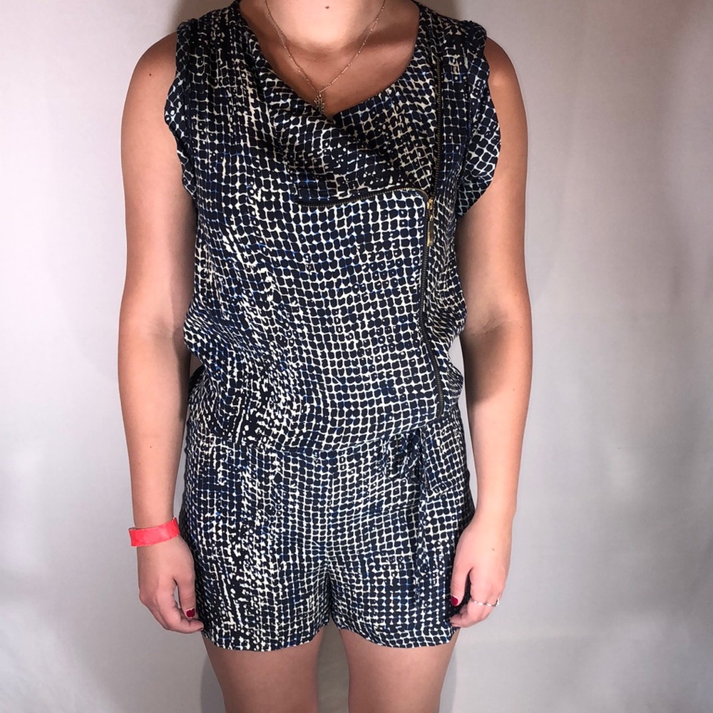 H&M Darling Romper Stylish Blues & White w/ Zipper Drawstring Waist Sz 6
